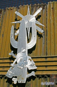 Metal artwork on the old border wall in Nogales, Mexico